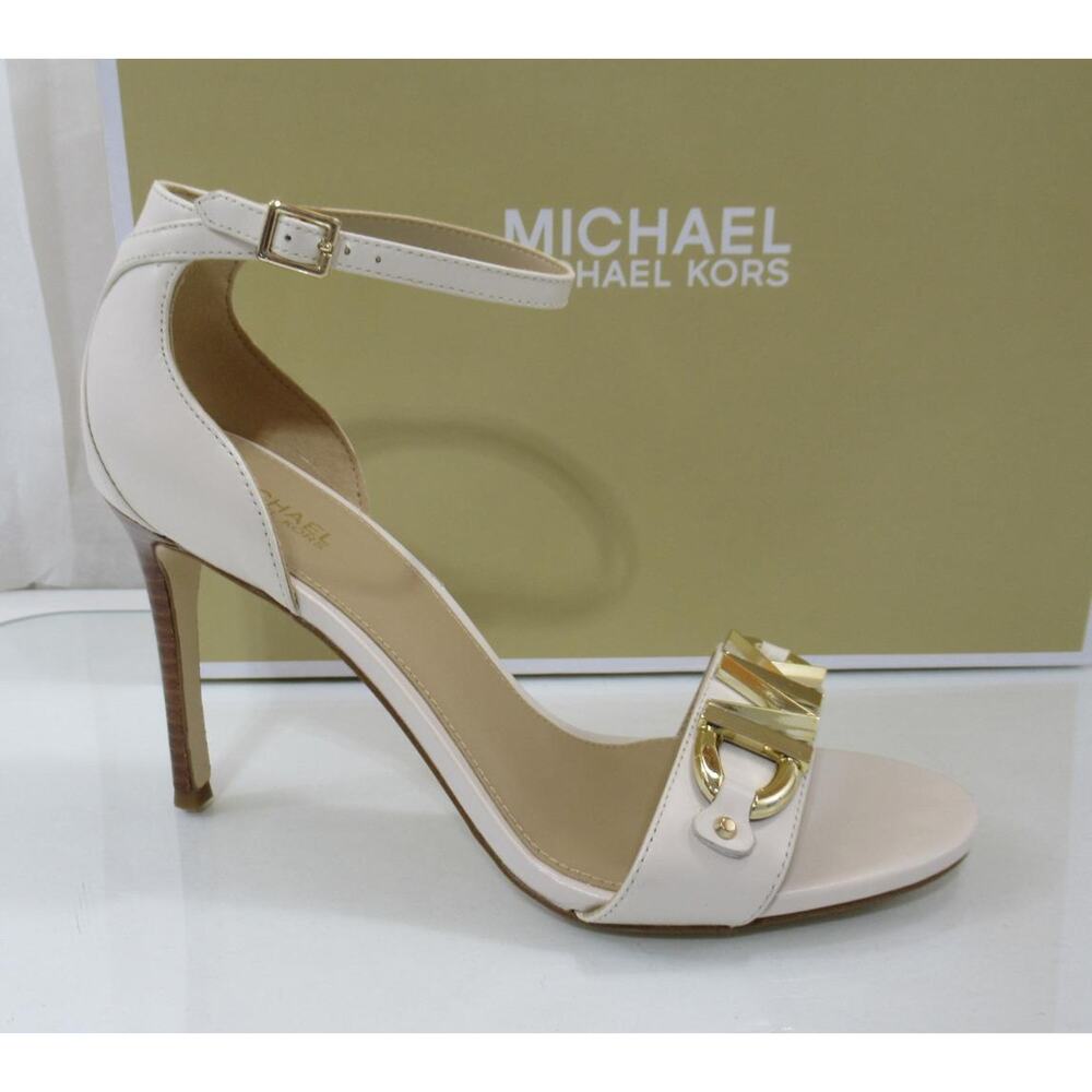 Michael Kors Izzy Sandals Heels Ankle Strap Dress MK Logo Light Cream Size 7.5